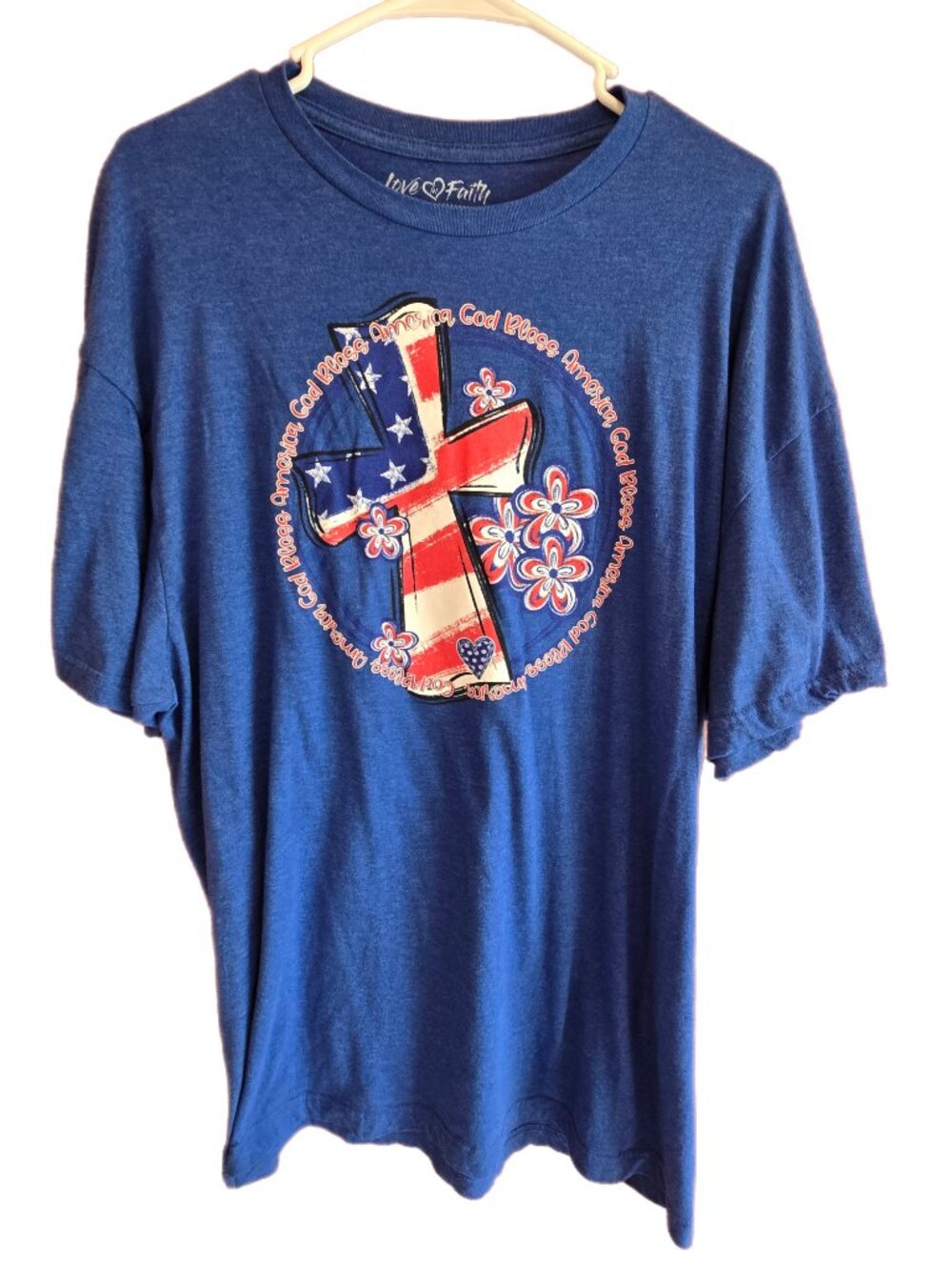 Love in Faith Women's 2X Blue With Cross / USA Flag Tee Shirt Made in USA